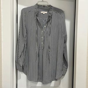 LOFT Navy Stripe Button-down Blouse with Ruffle Detail (Size Large)